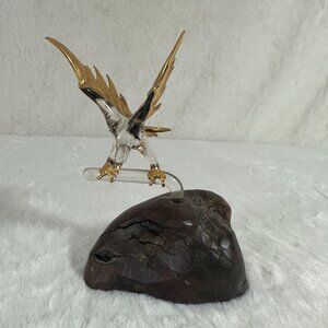Vintage Glass Baron Bald Eagle Blown Art Statue Burl Wood Base 22 kt Gold tips